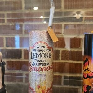 Glitter Lemon Strawberry Lemonade Tumbler Stainless Steel‎ Straw Sippy Cup